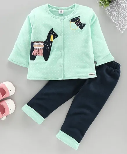 Little Folks Full Sleeves Tee & Lounge Pant Camel Embroidered - Blue Green