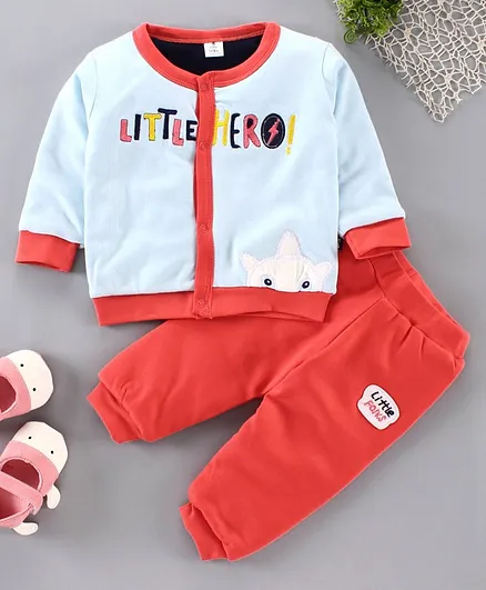 Little Folks Full Sleeves Fleece Tee & Lounge Pant Little Hero Embroidered - Blue Peach