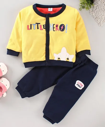 Little Folks Full Sleeves Fleece Winter Wear Tee & Lounge Pant Little Hero Embroidered - Blue Yellow