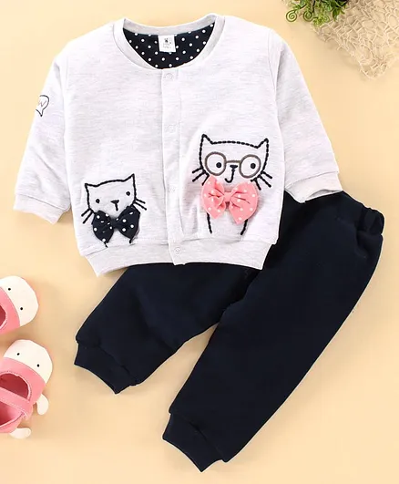Little Folks Full Sleeves Fleece Tee & Lounge Pant Kitty Embroidery - Off White Navy Blue