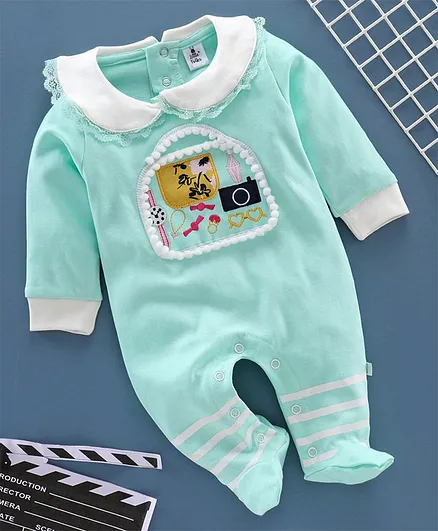 Little Folks Full Sleeves Pom Pom Lace Footed Romper - Green