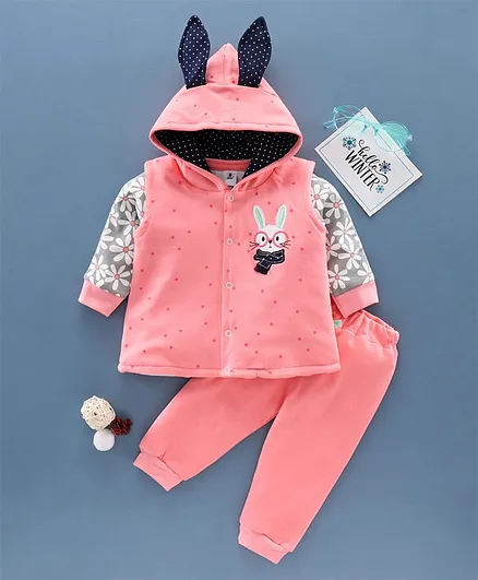 Little Folks Full Sleeves Hooded Night Suit Bunny Patch - Pink
