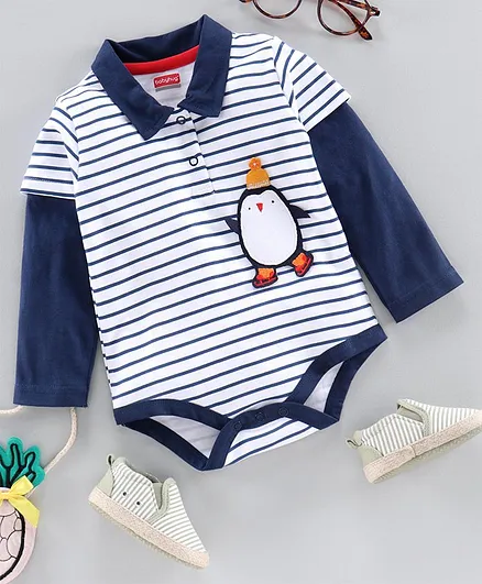 Babyhug 100% Cotton Full Sleeves Striped Romper - Blue