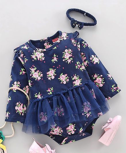 Babyhug Full Sleeves Frock style Onesie with Hairband Floral Print - Navy Blue