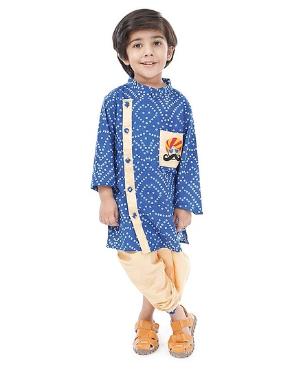 Babyoye Cotton Full Sleeves Kurta & Dhoti Set Bandhani Pattern & Placement Embroidery - Blue