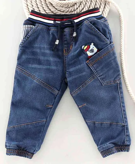 Babyoye Full Length Denim Jogger Jeans Bear Patch - Blue