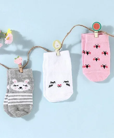 Cute Walk by Babyhug Ankle Length Socks Multi Design Set of 3 - Pink Grey White