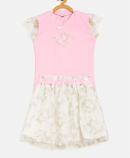 Peek a boo Cap Sleeves Flower Print Top With Netted Skirt Set - Pink