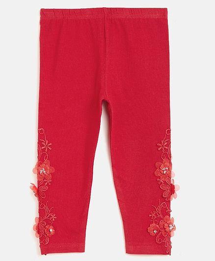 Peek a boo Zoo Full Length Flower Embroidered Leggings - Red