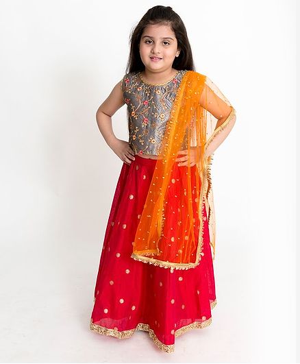 Lil Peacock Sleeveless Flower Embroidered Choli With Lehenga & Net Dupatta - Grey & Red