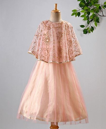 Lil Peacock Sleeveless Flower Sequined Flared Netted Gown - Peach