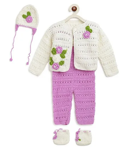 MayRa Knits Hand Knitted Sleeveless Dungaree With Floral Work Full Sleeves Sweater & Booties With Cap - Purple