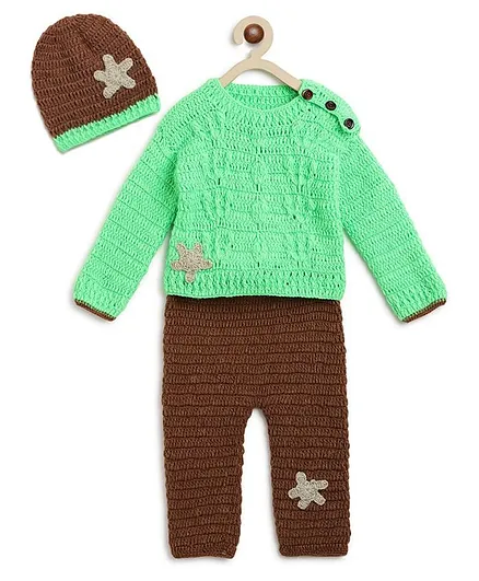MayRa Knits Hand Knitted Crochet Full Sleeves Star Patch Sweater With Pajama & Cap - Green Brown
