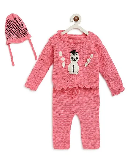 MayRa Knits Hand Knitted Crochet Full Sleeves Snow Man Patch Sweater With Cap - Pink