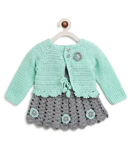 MayRa Knits Hand Knitted Full Sleeves Cardigan With Short Sleeves Flower Work Dress - Blue Grey