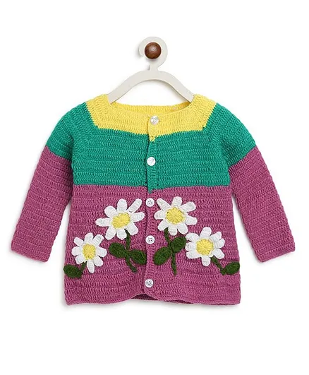 MayRa Knits Hand Knitted Full Sleeves Color Blocked Flower Work Sweater - Multi Color