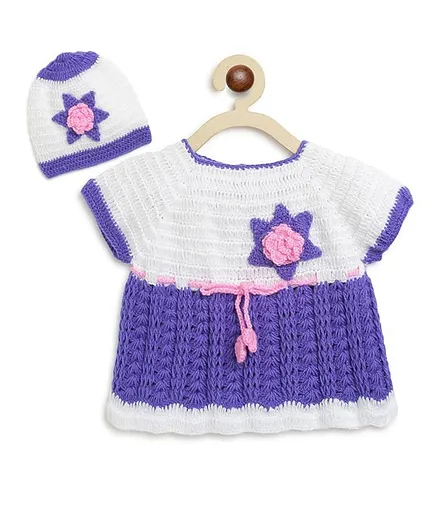 MayRa Knits Short Sleeves Hand Knitted Flower Design Dress With Cap - White & Purple