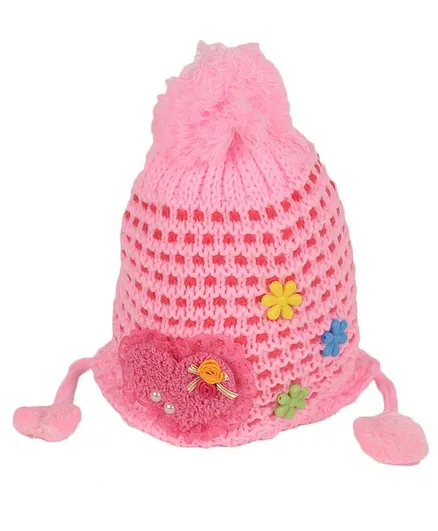 Tiekart Kids Heart Lace Patch Woolen Cap - Light Pink