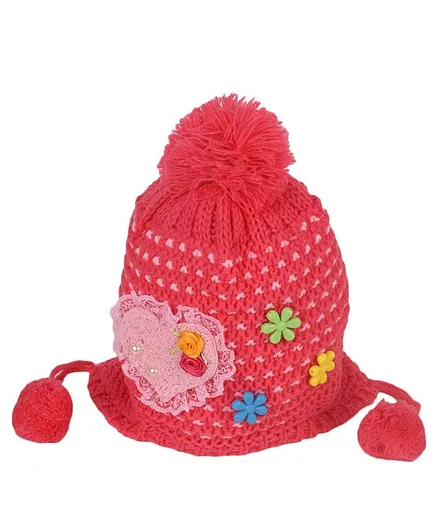Tiekart Kids Heart Lace Patch Woolen Cap - Red
