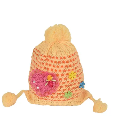 Tiekart Kids Heart Lace Patch Woolen Cap - Yellow
