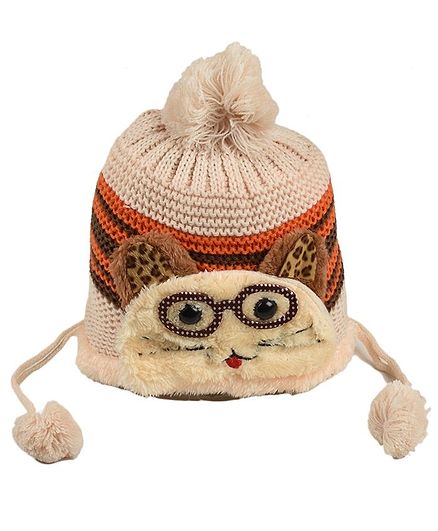 Tiekart Cat Design Woolen Cap For Kids - Cream