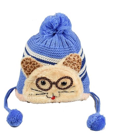 Tiekart Cat Design Woolen Cap For Kids - Light Blue