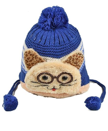 Tiekart Cat Design Woolen Cap For Kids - Dark Blue
