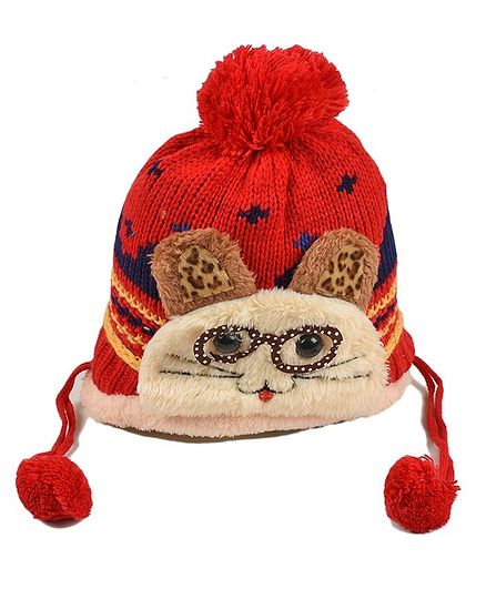 Tiekart Cat Design Woolen Cap For Kids - Multicolor