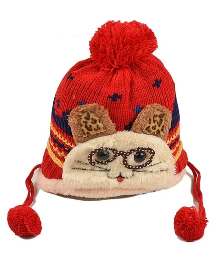 Tiekart Cat Design Woolen Cap For Kids - Multicolor