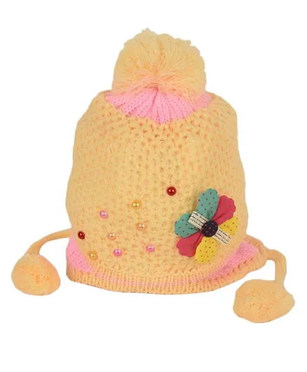 Tiekart Flower Design Woollen Cap - Yellow
