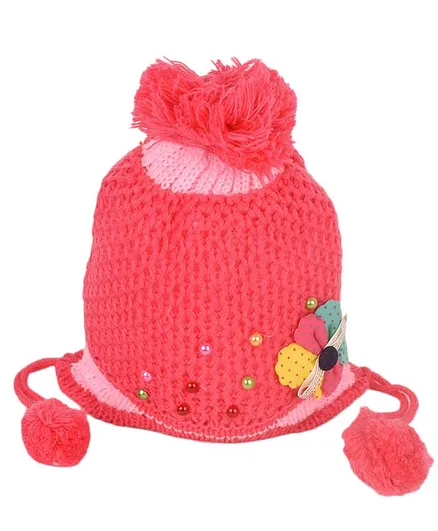 Tiekart Flower Design Woollen Cap - Dark Pink