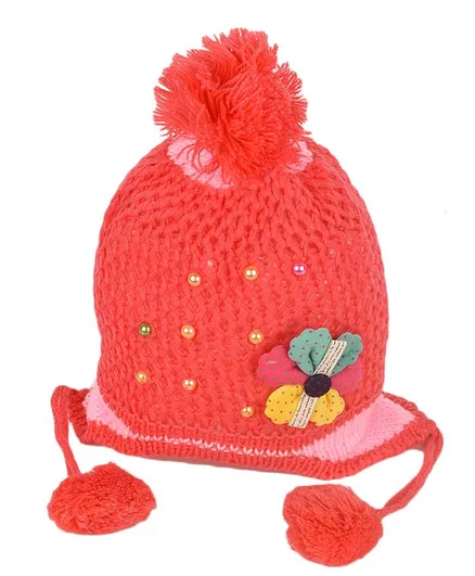 Tiekart Flower Design Woollen Cap - Peach