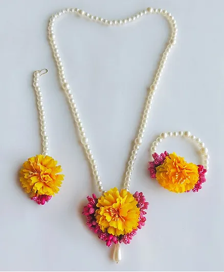 Lime By Manika Flower & Pearl Detailed Necklace With Bracelet & Maang Teeka Set - Dark Yellow