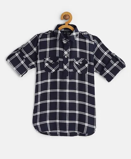 Actuel Roll Up Full Sleeves Checkered Shirt - Navy Blue