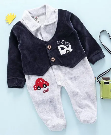 Brats and Dolls Full Sleeves Winter Wear Footed Romper Car Patch - Navy Blue