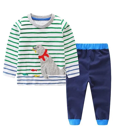 Kookie Kids Full Sleeves Night Suit Seal Patch Striped - Blue Green
