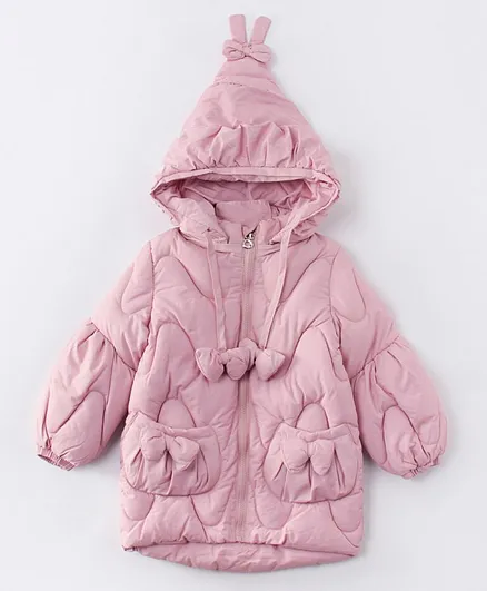 Kookie Kids Full Sleeves Hooded Quilted Jacket Bow Applique - Pink