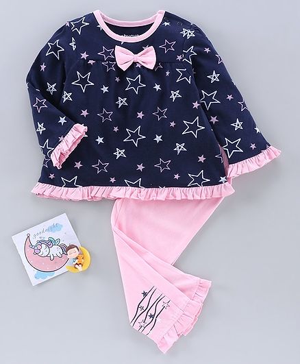 Babyoye Full Sleeves Night Suit Star Print - Navy Blue Pink