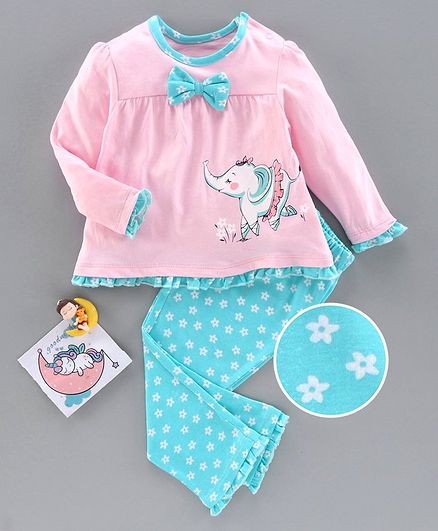 Babyoye Supima Cotton Full Sleeves Night Suit Elephant Print - Blue Pink