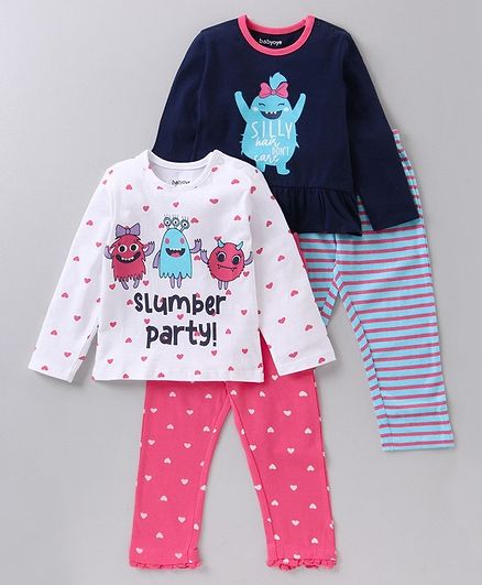 Babyoye Supima Cotton Full Sleeves Night Suit Multi Print Pack of 2 - Blue Pink