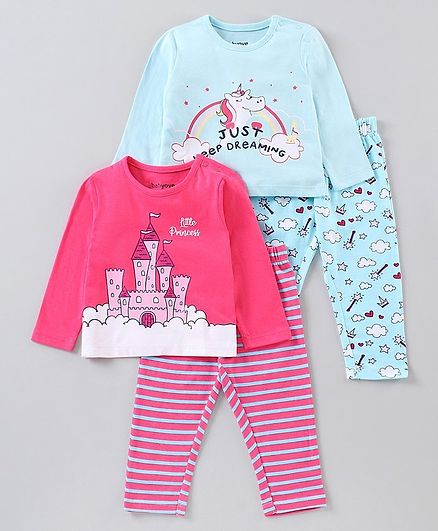 Babyoye Supima Cotton Full Sleeves Night Suit Unicorn Print Pack of 2 - Blue Pink