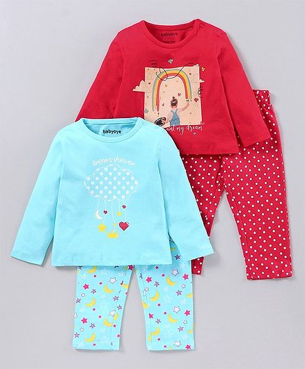 Babyoye Full Sleeves Night Suits Multi Print Set of 2 - Red Blue