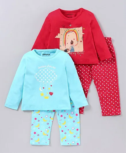 Babyoye Full Sleeves Anti Bacterial Night Suits Multi Print Set of 2 - Red Blue