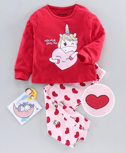 Babyoye Full Sleeves Anti Bacterial Night Suit Unicorn Print - Red Pink
