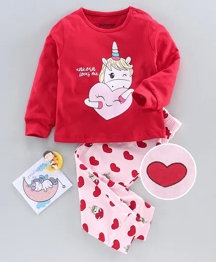 Babyoye Full Sleeves Anti Bacterial Night Suit Unicorn Print - Red Pink