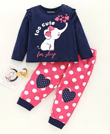 Babyoye Full Sleeves Night Suit Elephant Print - Navy Blue Pink