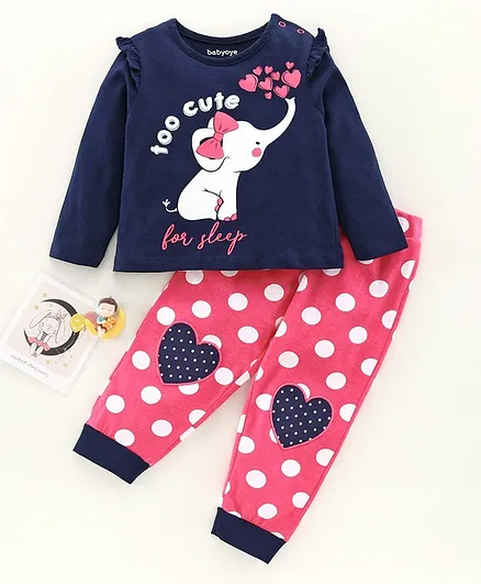 Babyoye Full Sleeves Night Suit Elephant Print - Navy Blue Pink