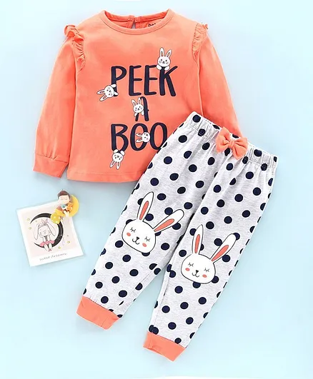 Babyoye Full Sleeves Night Suit Bunny Print - Coral White