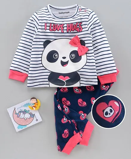 Babyoye Full Sleeves Anti Bacterial Night Suit Panda Print - Grey Navy
