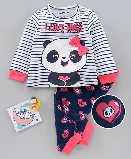 Babyoye Full Sleeves Anti Bacterial Night Suit Panda Print - Grey Navy